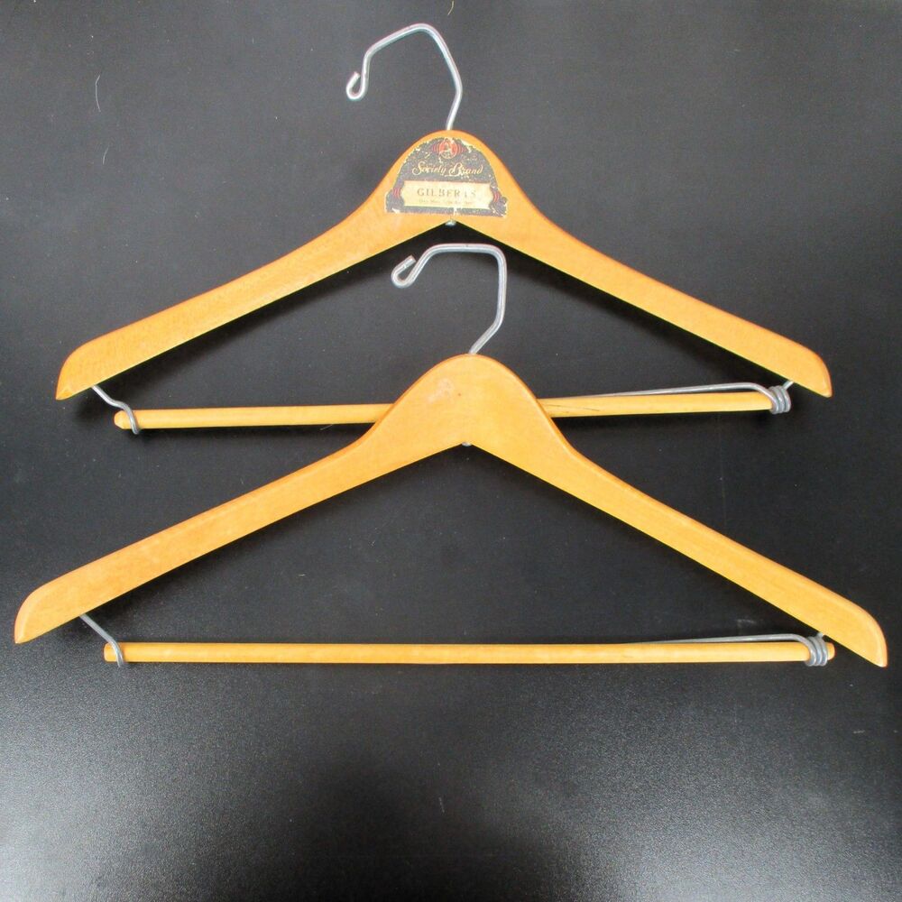 Vintage Wooden Hangers 17" Lot of 2 Mid Century Curved Suit Coat Society